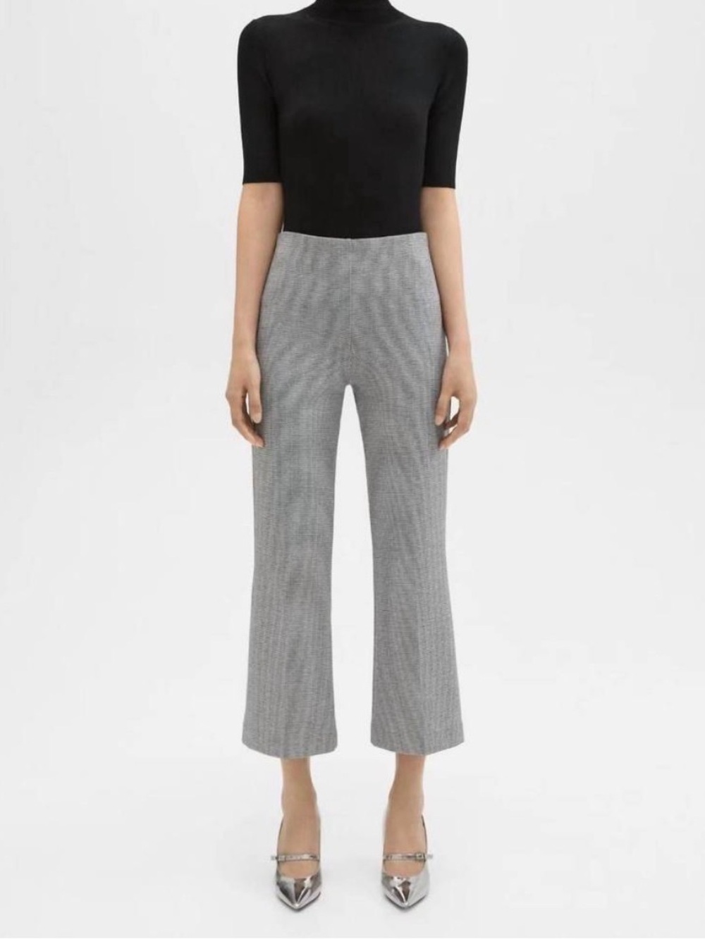 Theory Houndstooth Cropped Kick Flare Stretch Knit Pant Black and White